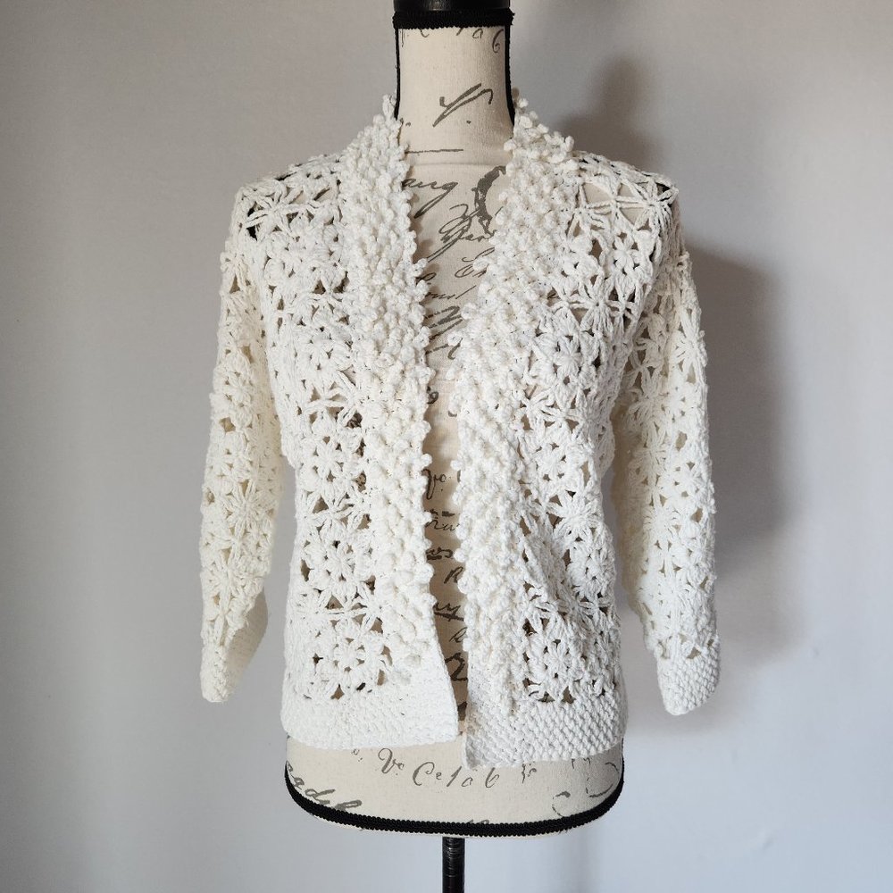HAIKU Crochet Open Front Cardigan 3/4 Sleeve 100% Cotton White